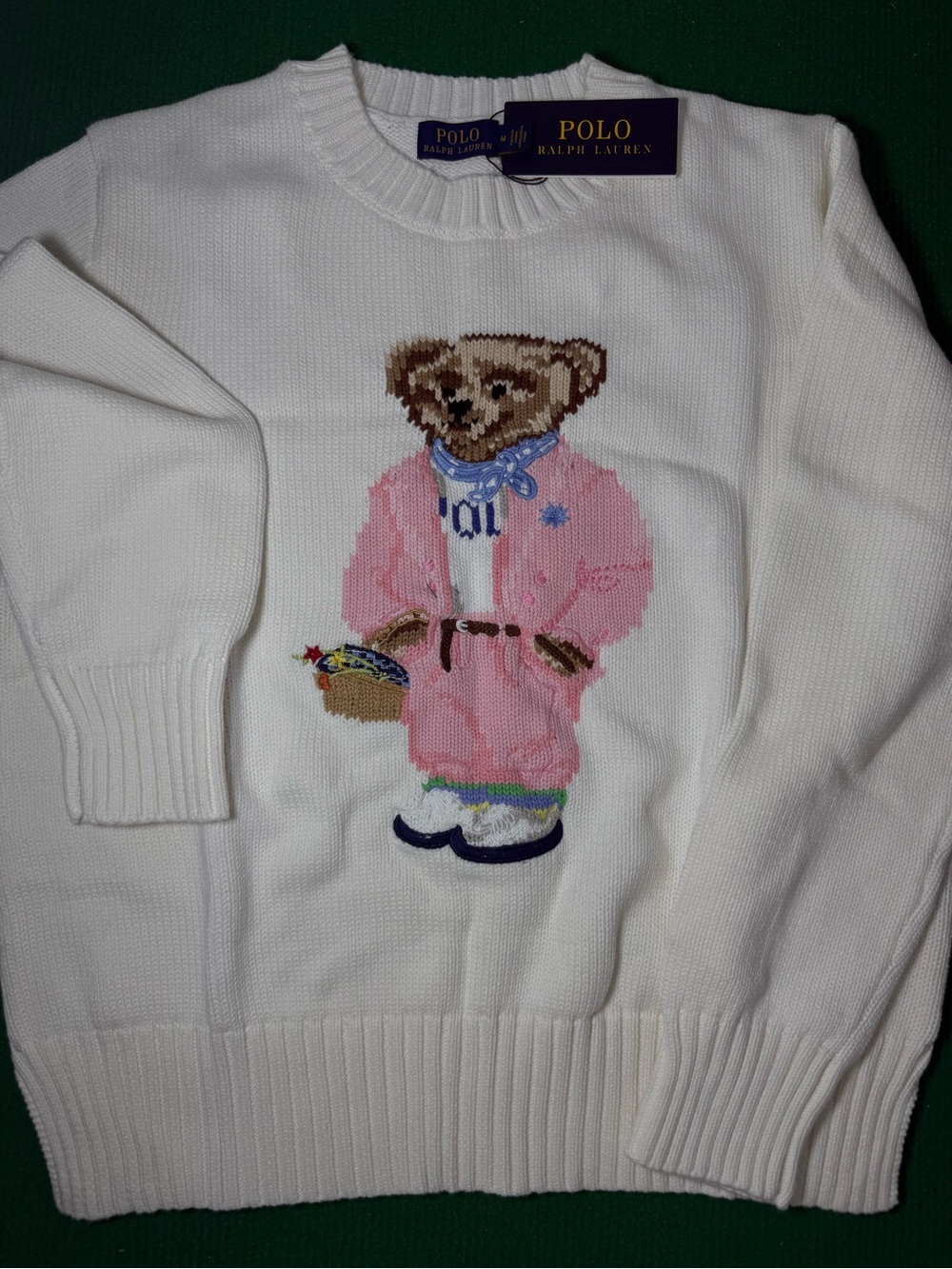 Polo by Ralph Lauren White Sweater with Pink Bear Motif